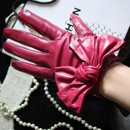 Damskie prawdziwe rękawiczki jagbskinowe piękne łuk koronki wykończenia podszewka jazdy krótką różą-czerwoną czarną zieloną fioletową damską rękawicą1