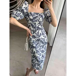 Lato odzież damska krótki rękaw puff eleganckie damskie bodycon drukowane impreza sexy vestidos sukienka 210515