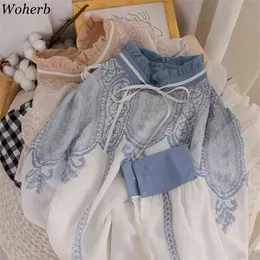 Women Fashion Chic Chiffon Shirt Summer Lace Patch Elegant Long Sleeve Blusas Vintage Stand Collar Blouse Clothes 210519