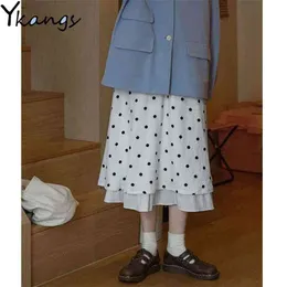 Summer Vintage White Polka Dot Stitching Pleated Skirt Women Ruffles Femme Jupe High Waist Bodycon Long Chiffon Skirts 210421