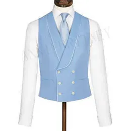 Latest Coat Pant Designs Light Blue Men's Vest Double Breasted Suit Vests Shawl Lapel Waistcoat Slim Fit Sleeveless Coat Tuxedo X0909