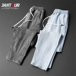 Jantourブランドの夏の足首長さのジーンズの男性の綿スリムファッションパンツヴィンテージ灰色の青の薄いレースデニムズボン男性M-4XL 211111