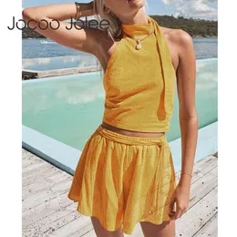 Jogoo Jolee Sexy Voltar Lace Up Mulheres Romper Terno Praia 2 Piece Conjunto de Roupas Sólidas Top e Shorts Outfits Conjuntos das Mulheres 210518