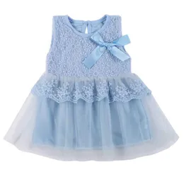 Baby Girls Dresses Kids Bow Lace Princess Dresses Cotton Ball Gown Dresses Knotbow Mesh Dress White Pink Blue Q0716
