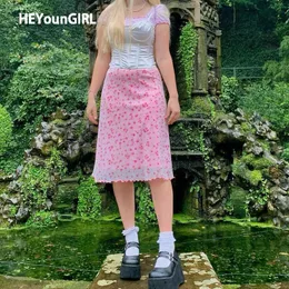 Heyoungirl Floral Print Pink High midja midi kjol y2k lapptäcke mesh en linje korta kjolar kvinnor sommar avslappnad kawaii mode y0824