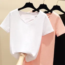 Wwenn Sexy V-Neck Casual Top Tees Pink White Hollow Out Kvinnor T Shirt Short Sleeve s Koreanska Tee 210507