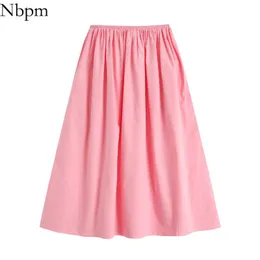 NBPM Kadınlar Tatlı Moda Pembe Pileli Midi Etekler Yüksek Bel Gevşek Ve Rahat Hemline Femme Jüpeler Dipleri Sevimli 210529