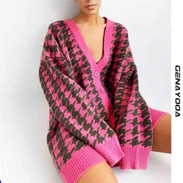 Genayooa Cardigan Kobiety Loose V-Neck Houndstooth Z Długim Rękawem Knit Cardigans Kurtka Sweter Oversized Koreański 210903