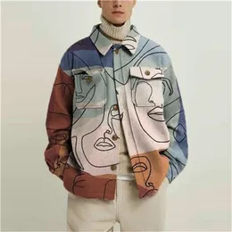 men lapel trend printed jacket winter fashion abstract line shirt stitching clothing 211217