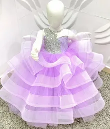 2021 Lilac Crystals Flower Girl Dresses Sheer Neck Tiers Tulle Ball Gown Lilttle Kids Birthday Pageant Weddding Gowns