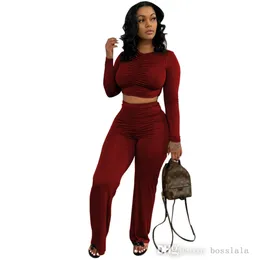 Women Spring Fall Tracksuits Casual Two Piece Sets Womens Outfits Slim Pleated T-shirt Wide Leg Pants Suit Plus Size Clothing L029
