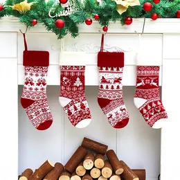 Calzini natalizi in maglia acrilica Rosso Verde Bianco Grigio Calza lavorata a maglia Albero di Natale Appeso Calzino regalo Calze per caramelle WY1425