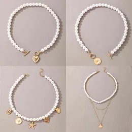 Docona Modna Pearl Portret Choker Dla Kobiet Proste Złoto Shell Starfish Love Serce Naszyjnik Kobiet Biżuteria Ślubna