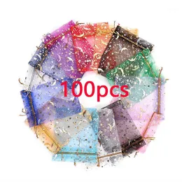 Gift Wrap 100pcs Assorted Color Organza Bags With Drawstring Gold Moon Star Print Mesh Jewelry Pouch Sachet Party Wedding Favor