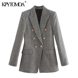 KPYTOMOA Women Fashion Houndstooth Fitted Blazer Coat Vintage Long Sleeve Flap Pockets Female Outerwear Chic Veste Femme 211122