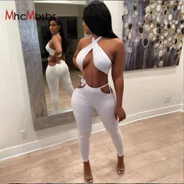 2 Piece Set Sexy Bandage Crop Top Women Club Wear White Cross Halter Backless Cropped Tees Tank Tops Hollow Out Pants Summer 210517