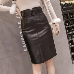 Women's Pu Leather Skirt Black Split Ins Super Fire Pencil Skirt Female Autumn Winter High Waist Belt Knee-Length Skirts ML286 X0428