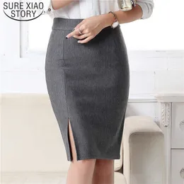 Fashion Spring Summer Elegant Slim Front Slit Midi Skirt Women Office Skirts Formal Pencil Skirt Black/Gray/Red 6180 50 210527
