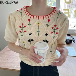 Korejpaa Women T-Shirt Summer Korean Chic Sweet Strawberry Cream Hand-Crocheted Round Neck Puff Sleeve Knitted Pullovers 210526