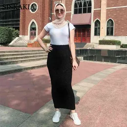 Knitted High Stretch Maxi Pencil Skirt for Women Fall Winter Brief Solid Empire Long Skirts Muslim Fashion Wears 210517