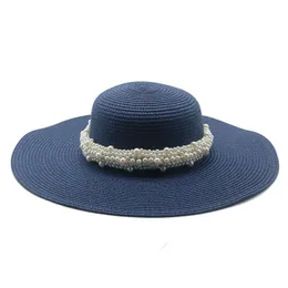 sun hats women solid white black blue pearl band round top summer hats sun protection big brim casual sun protection straw hats