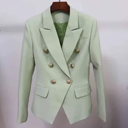 High Street Classic Designer Blazer Jacket Kvinnors Slim Montering Metall Lion Knappar Dubbel Breasted Tender Green 210521