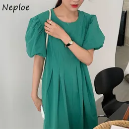 O Neck Puff Short Sleeve Solid Dress Women High Waist Hip A Line Long Vestidos Summer Candy Color Robe Wild 210422