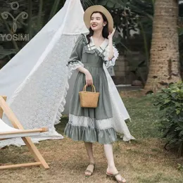 YOSIMI Lange Frauen Kleid Sommer Grün Patchwork Weiß Spitze Preppy Stil Halbe Hülse Mitte der wade Kleider Vestido feminino 210604