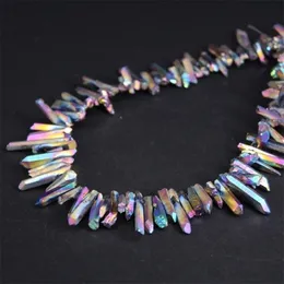 15.5 "Strand Titanium Rainbow Raw Quartz Top Borrad Punkt Lösa Pärlor, Naturliga Kristall Stick Pendants DIY Smycken Making