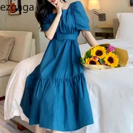 Ezgaga Elegant Dress Women Spring Summer Vintage Short Puff Sleeve Square Collar Solid Ladies Bandage Dress Vestidos 210430