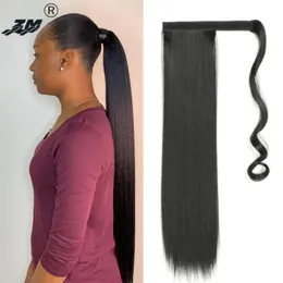 Perucas sintéticas longas 22 "Wrap Straight Wrap de seda Ponypiece para mulheres clipe em cordão de cabelo pônei cauda falsa