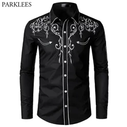 Stylish Western Cowboy Shirt Men Brand Design Embroidery Slim Fit Casual Long Sleeve s Mens Wedding Party for Male 210809