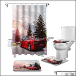 Gardiner Aessories Gardenred Sport Bil Landskap Dusch Gardin Set Badrum Bad Mat Rug Matta för Toalett Lock Er Bathtub Heminredning Gif