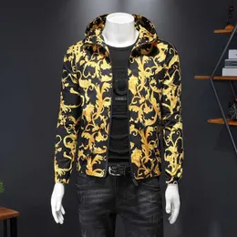 Luxury Gold Print Men Jacket Baroque Bomber Jackets Zipper Coats Casual Hooded Jacket Outerwear Windbreaker Jaqueta Masculina 210527