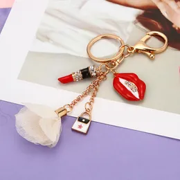 Rhinestone Lipstick Keychains Car Keyrings Key Chains Rings Holder Women Fashion Flower Clover Accessories Imitation Pearl Jewelry Bag Charms Pendant for Lover