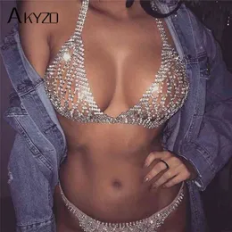 AKYZO Summer Luxury Crop Top Shining Fashion Handmade Metal Adjustable Chains Backless Vest Sexy Beach Tank Tops 210625