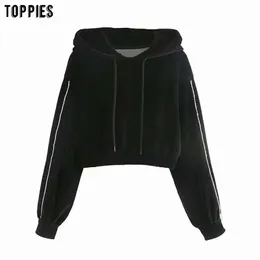Toppies Moda Kırpılmış Hoodies Kadın Tişörtü Vintage Siyah Kadife Kazaklar Kadın Süveter 210412