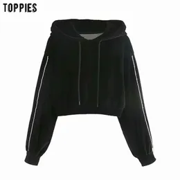 Toppies Moda Cropped Hoodies Mulheres Moletons Vintage Black Velvet Pullovers Feminino Jumpers 210412