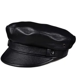 2020 Winter Men/Women Genuine Leather Navy Hats Unisex European/American Streetwear Fitted Black Caps With Belt Outdoor Gorro Q0911