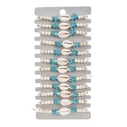 12pcs Fashion Jewelry Charm Bracelets Set Adjustable Shell Turquoise Wood Beads Starfish Woven Bracelet Animal Design Wooden Beaded Jewellery Gifts for Women