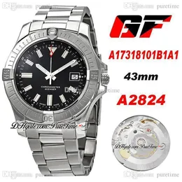 GF A17318101C1A1 A2824自動メンズウォッチ43mmブラックダイヤルスティックマーカーステンレススチールブレスレットスーパーエディションETA腕時計PURETIME A37A1