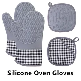 Silicone Oven Mitts and Pot Holders Sets with Quilted Liner Heat Resistant Kitchen Mitt Waterproof Flexible Insulation Gloves for Cooking Baking Grilling