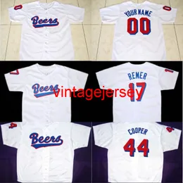 BEERS Movie Jersey Button Down White 17 Doug Remer 44 Joe Coop Cooper 100% Stitched Custom Baseball Jerseys Any Name Number
