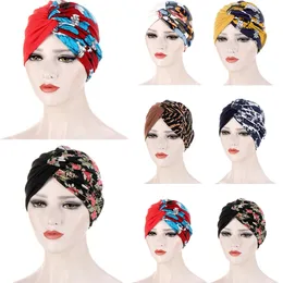 Turbante indiano Muçulmano Impressão Hijab Mulheres Chemo Cap Nó Cross Cruz De Perda de Cabelo Tampa Beanie Beanie Câncer Chapéu Esticar Jersey Headwear