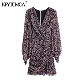 Women Chic Fashion Floral Print Pleated Mini Dress V Neck Long Sleeve Back Zipper Female Dresses Vestidos Mujer 210416