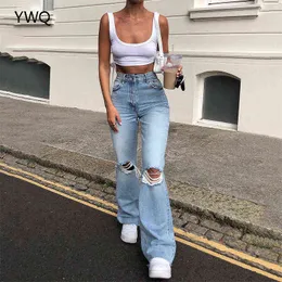 Y2K Hollow Out Kvinnor Bell Bottoms Ripped Jeans Mom High Waist Chic Flared Denim Byxor Vintage Wide Ben Hole Byxor 6338 211129