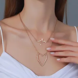 Double Layer Heartbeat Clavicle Chain Metal Hollow Heart Pendant Necklaces Women Love Choker Sweater Necklace Jewelry