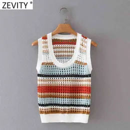 Women Fashion Color Matching Hollow Out Crochet Short Thin Sweater Female Summer Chic Sleeveless Vest Waistcoat Crop Tops SW820 210419