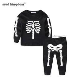 Mudkingdom meninos meninas meninas pijama conjunto brilhante halloween esqueleto moda crianças sleepwear outfits 210615