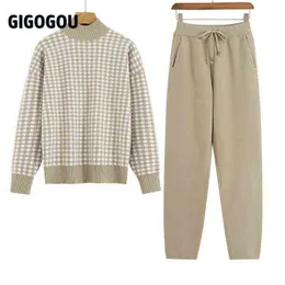 Gigogou houndstooth 니트 여성 스웨터 의상 두꺼운 터틀넥 겨울 대형 캐주얼 느슨한 풀 오버 스웨터 2 조각 세트 Y1110